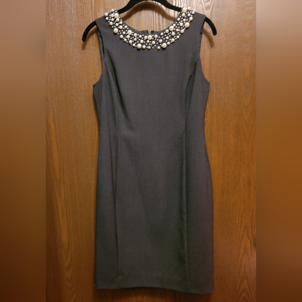 Calvin Klein Gray Sheath Dress with Pearl-Embellished Neckline 8P